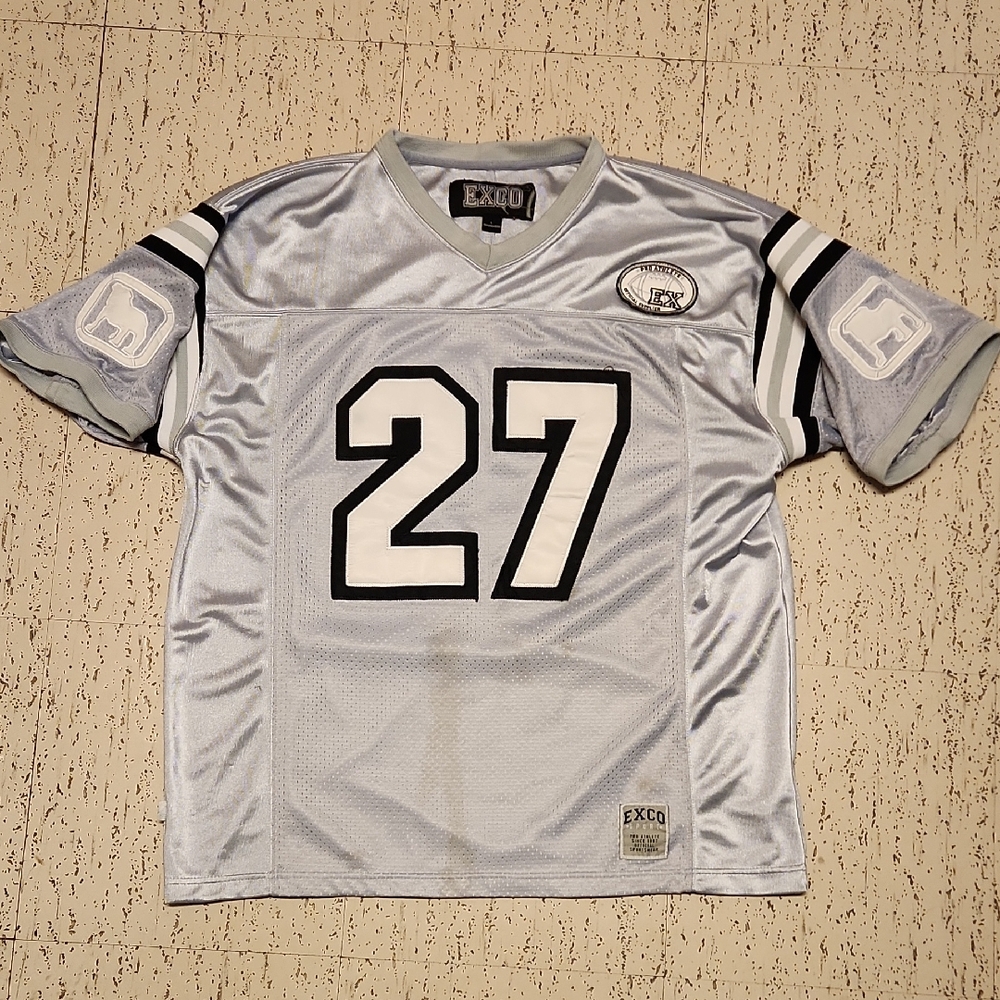 Exco Unltd 27 Grey, Black & White Spellout Bull Dog Jersey Shirt Vintage Y2K